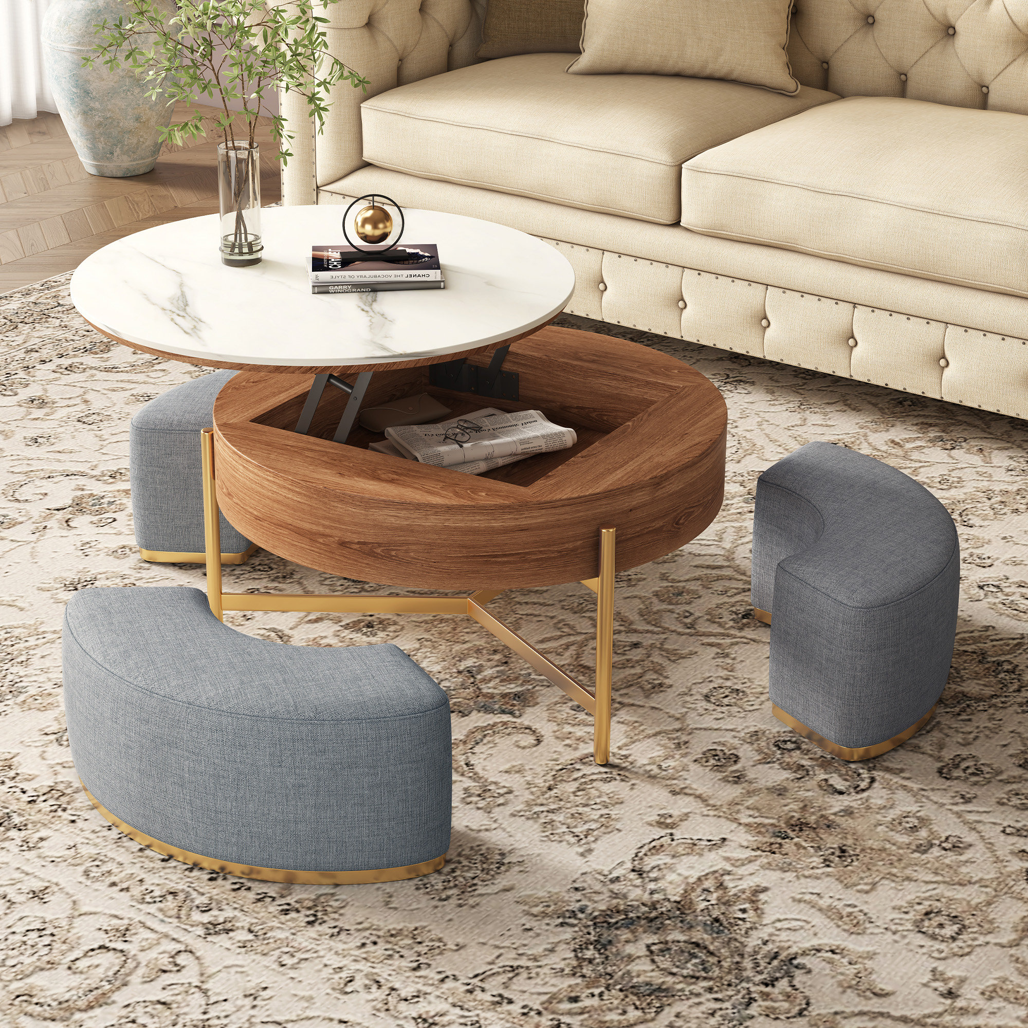 Everly Quinn Zinna Lift Top Round Coffee Table Nesting Living Room Table with Storage 3 Stools Included & Reviews | Wayfair Everly Quinn Zinna Lift Top Round Coffee Table Nesting Living Room Table with Storage 3 Stools Included & Reviews | Wayfair